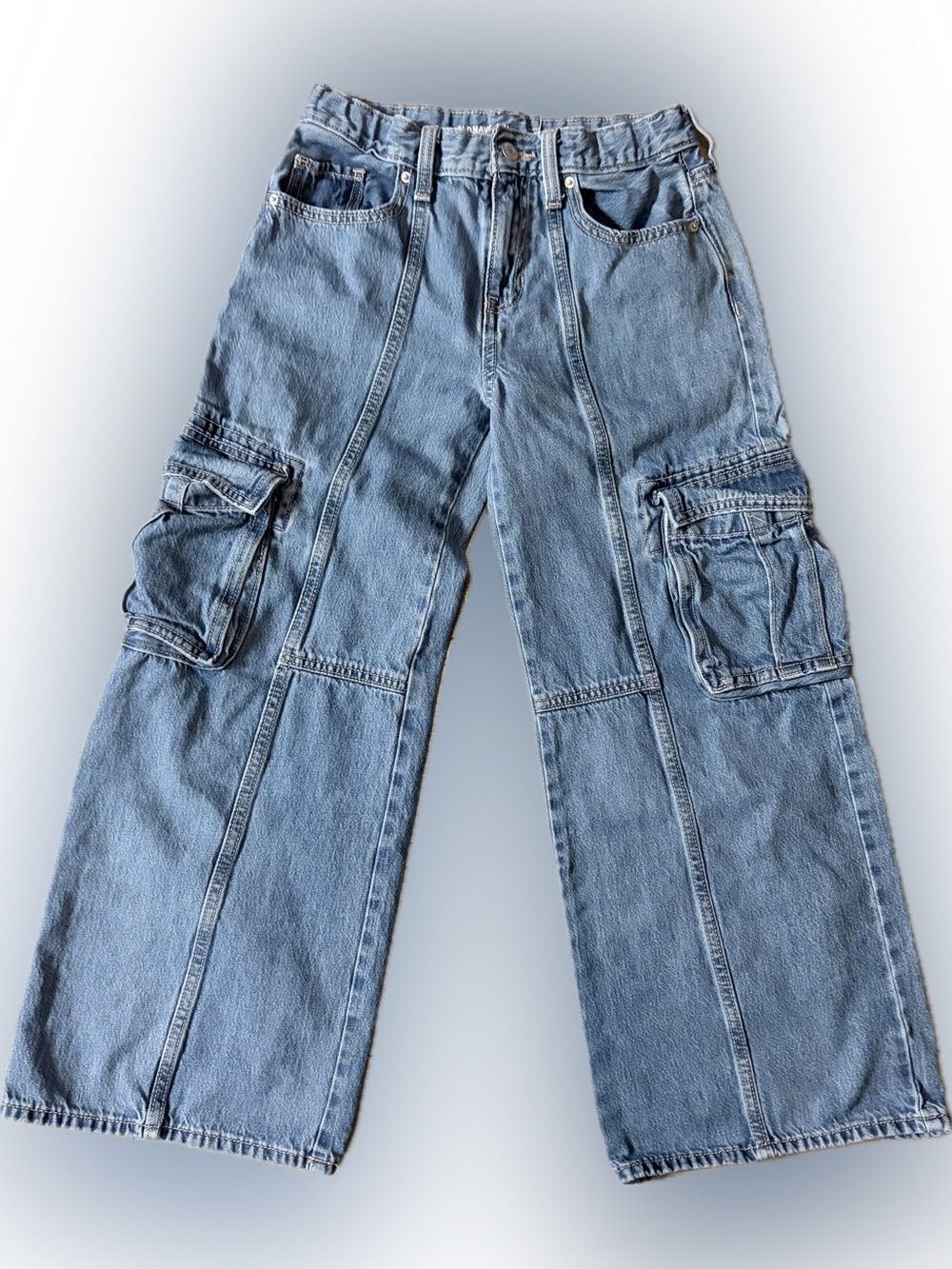 Old Navy Girls Size 12 High Rise Baggy Wide Leg Cargo Jeans Medium Wash Y2K